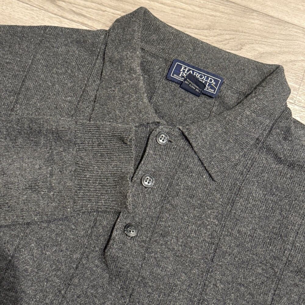 Vtg Harold Powell Sweater Mens XL Gray Silk Cashmere Knit Long Sleeve Polo Italy
